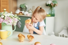 blonde girl with easter chickens in the Provence style kitchen