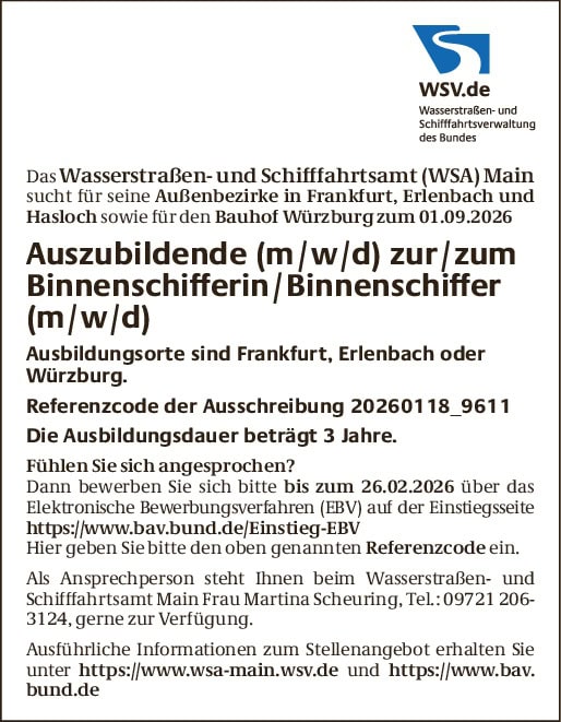 Auszubildende (m/w/d) zur/zum Binnenschifferin/Binnenschiffer (m/w/d)