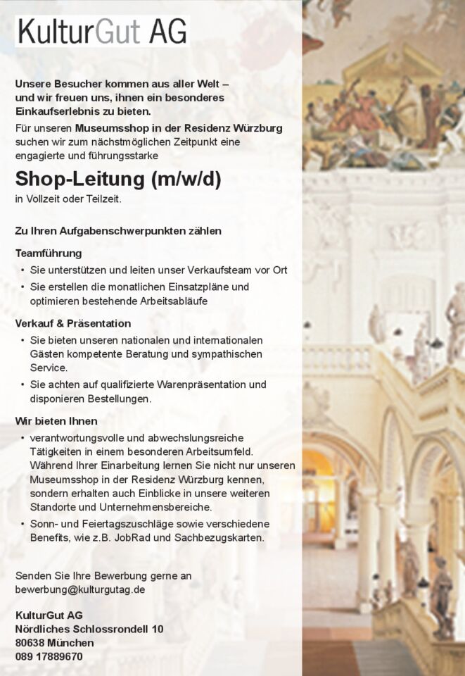 Shop-Leitung (m/w/d) für den Museumsshop in der Residenz Würzburg